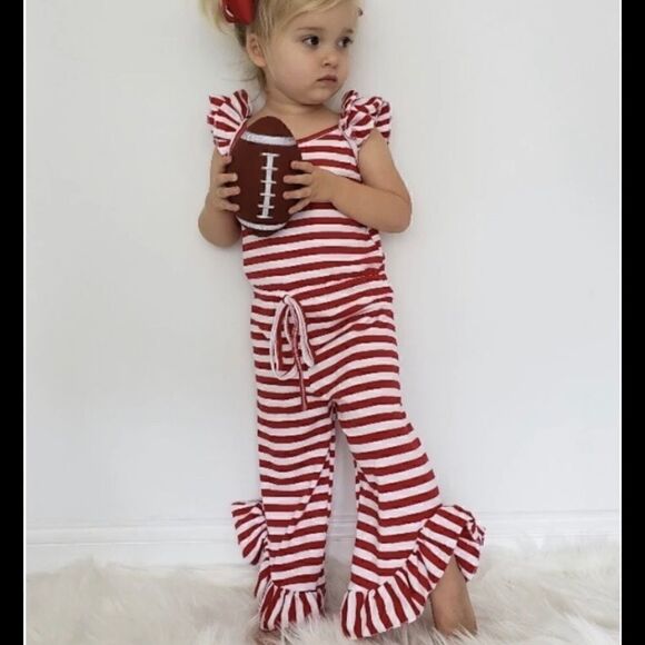 92. Girls Red/White Stripe drawstring Romper - Picture 1 of 4